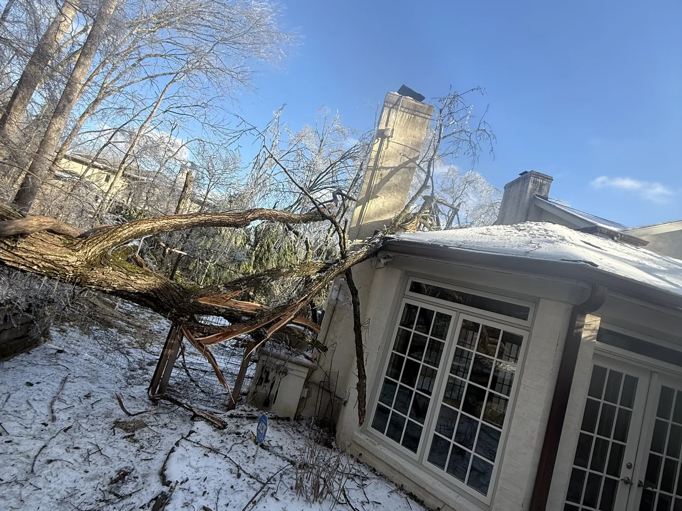 A large tree toppled against a Nashville home's roofline with snow on the ground after Winter Storm Fern
