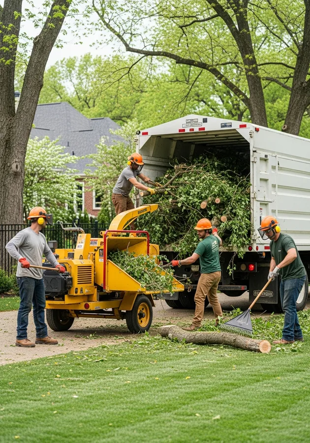 Smith Works crew loading cut limbs and brush debris for hauling