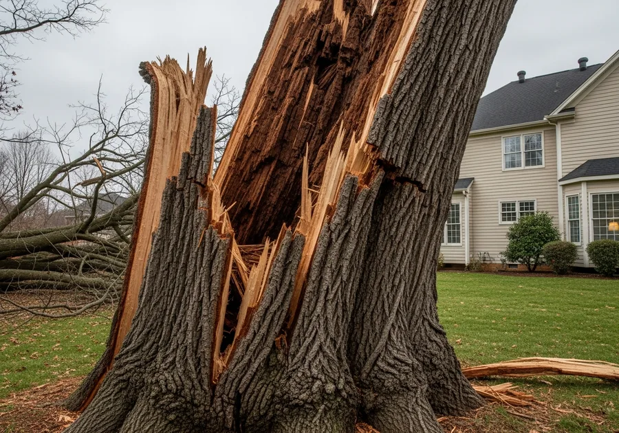 Hazardous tree trunk with a deep crack near a Nashville home