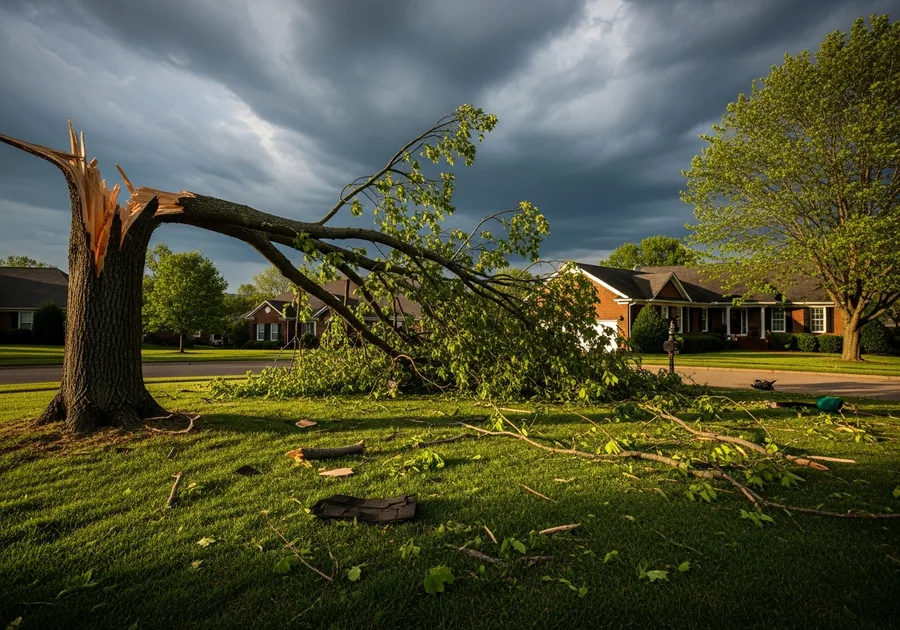 Storm-damaged tree fallen across a Nashville yard