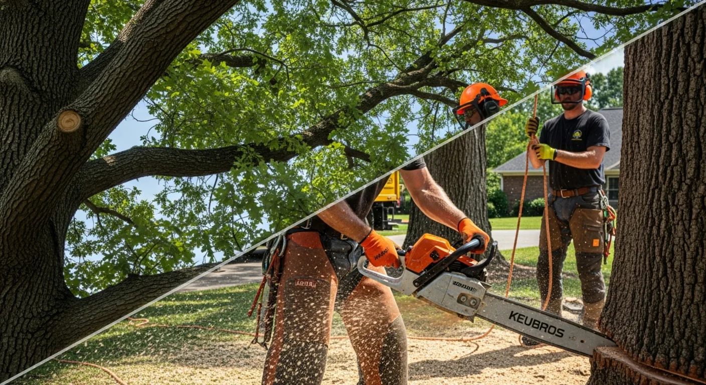 Split view of Smith Works tree cutting services in Nashville – tree trimming and pruning on one side, tree removal with a chainsaw on the other